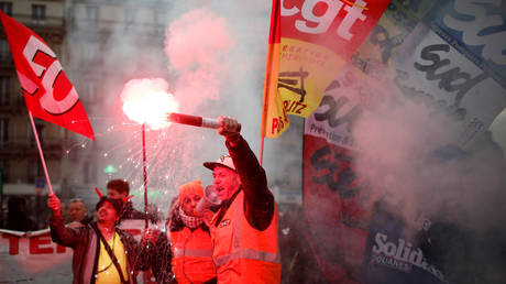 A French trade union member is seen during protests in Paris, France on December 28, 2019.