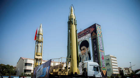 FILE PHOTO: A display featuring missiles and a portrait of Iran's Supreme Leader Ayatollah Ali Khamenei is seen at Baharestan Square in Tehran, Iran.