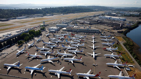 FILE PHOTO: Grounded Boeing 737 MAX aircraft are seen parked in an aerial photo at Boeing Field in Seattle, Washington.