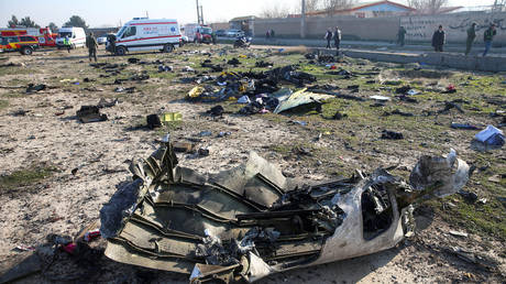 Debris of a plane belonging to Ukraine International Airlines is seen on the outskirts of Tehran, Iran on January 8, 2020.