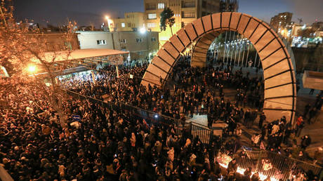 Protesters rally in front of the Amirkabir University in Tehran, on January 11, 2020.