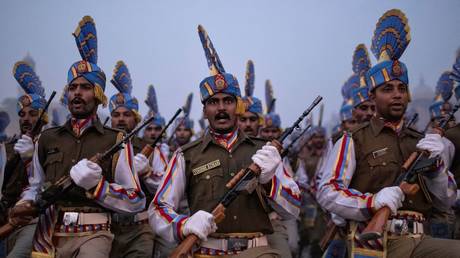 Soldiers take part in the rehearsal for the Republic Day parade early morning in New Delhi, India, January 13, 2020.