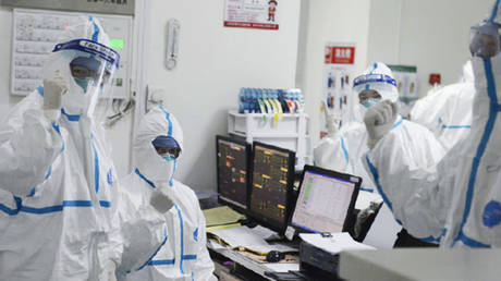 Members of the medical staff work at the Central Hospital in Wuhan, China.