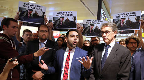 HRW director Omar Shakir speaks at Ben Gurion International Airport before his deportation from Israel, November 25, 2019.