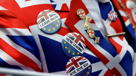 Pro-Brexit pins are seen on a supporter's jacket at Parliament Square, on Brexit day in London © Reuters / Toby Melville