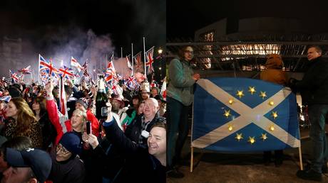 (Left) People wave flags as they celebrate Britain leaving the EU in London, Britain, January 31, 2020. © REUTERS/Henry Nicholls (Right)  People hold a Scottish flag in Edinburgh, Scotland, Britain © REUTERS/Russell Cheyne
