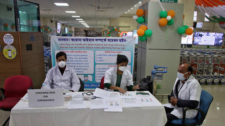 A health desk is set up to screen travelers for signs of the coronavirus at Maharaja Bir Bikram Airport in Agartala, India, January 31, 2020.