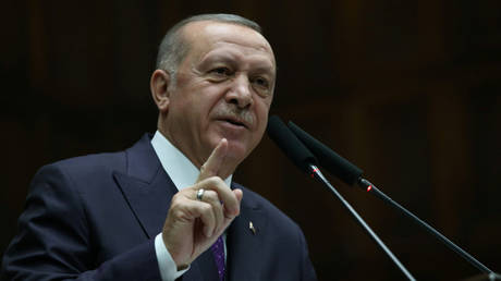 Turkish President Tayyip Erdogan addresses members of his ruling AK Party. ©Presidential Press Office / Handout via REUTERS