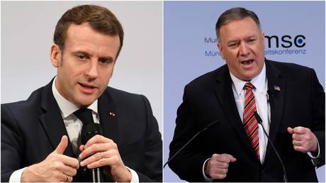 Emmanuel Macron (L) and Mike Pompeo (R) © REUTERS/Andreas Gebert; Andrew Caballero-Reynolds