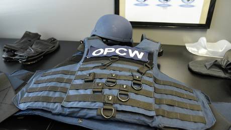 A bulletproof vest displayed at the OPCW headquarters at The Hague, the Netherlands. April 2017. © AFP / John Thys