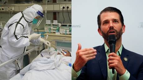 Medical staff treat a patient with coronavirus at hospital in Wuhan/Donald Trump Jr. speaking at news conference