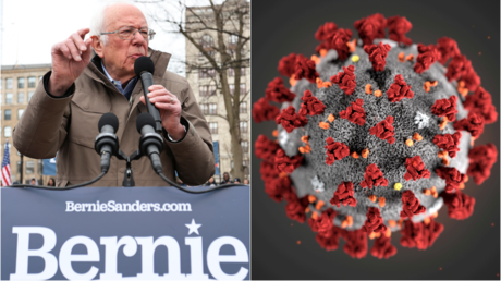 Bernie Sanders (L) illustrative image of the coronavirus created at the Centers for Disease Control and Prevention (R).