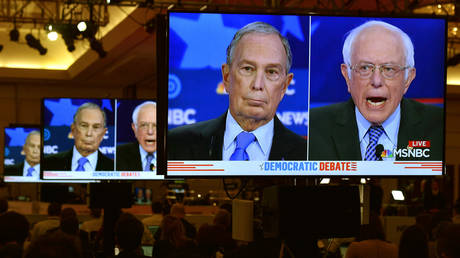 Mike Bloomberg and Bernie Sanders debate at the Paris Theater in Las Vegas, Nevada, February 19, 2020.