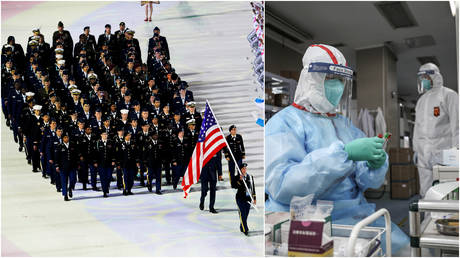 FILE PHOTOS: (L) Members of the US team during the opening ceremony of the 7th Military World Games in Wuhan, China; (R) A medical worker in protective suit prepares for an RNA test at Jinyintan hospital in Wuhan.