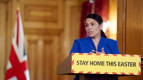 Priti Patel delivers a coronavirus press briefing at 10 Downing Street, London, April 11, 2020 © Reuters / Pippa Fowles