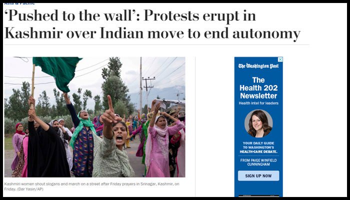 امریکی اخبار مقبوضہ کشمیر میں بھارتی مظالم کیخلاف بول اٹھا