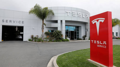 FILE PHOTO: A Tesla service center is shown in Costa Mesa, California, U.S., March 18, 2020.