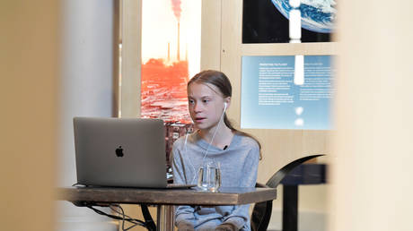 Environmental activist Greta Thunberg participates in a video conversation at the Nobel Museum in Stockholm, Sweden, April 22, 2020 © Reuters / Jessica Gow